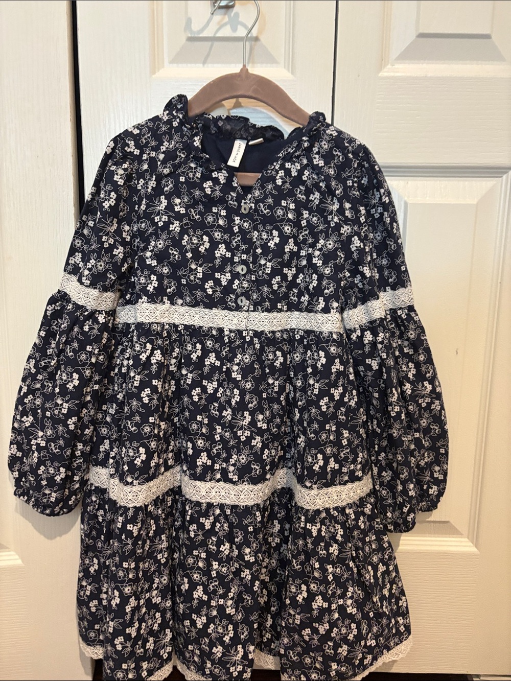 Janie and Jack Navy Floral Dress with White Lace Trim